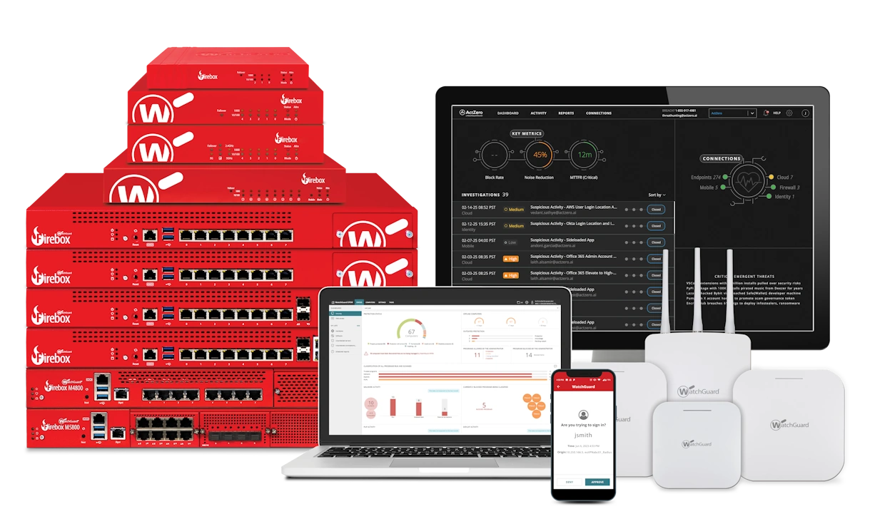 Familia de productos WatchGuard con Firebox, access points, MFA y MDR