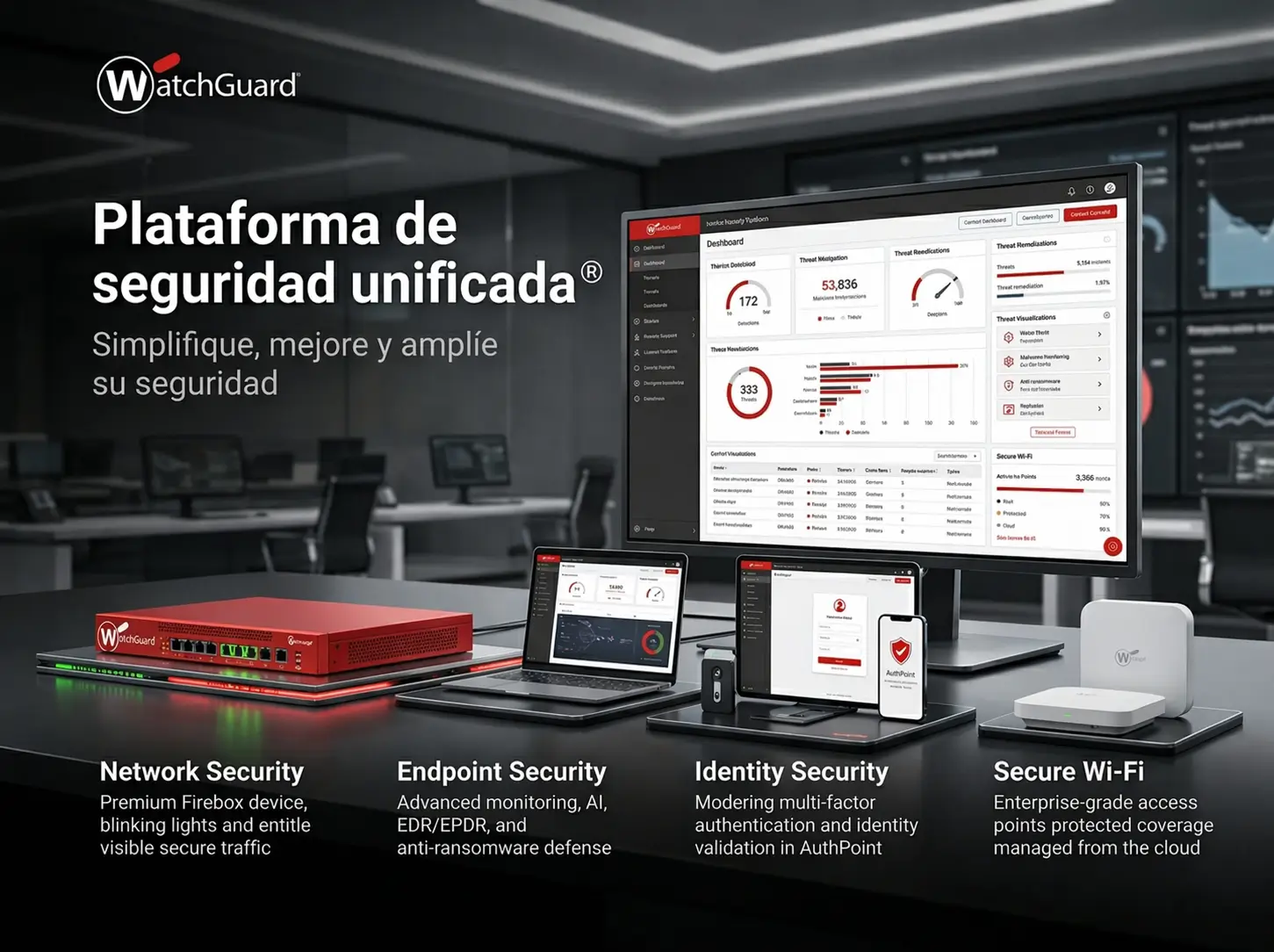 Plataforma de seguridad unificada WatchGuard para red, endpoints, identidad y Wi-Fi seguro